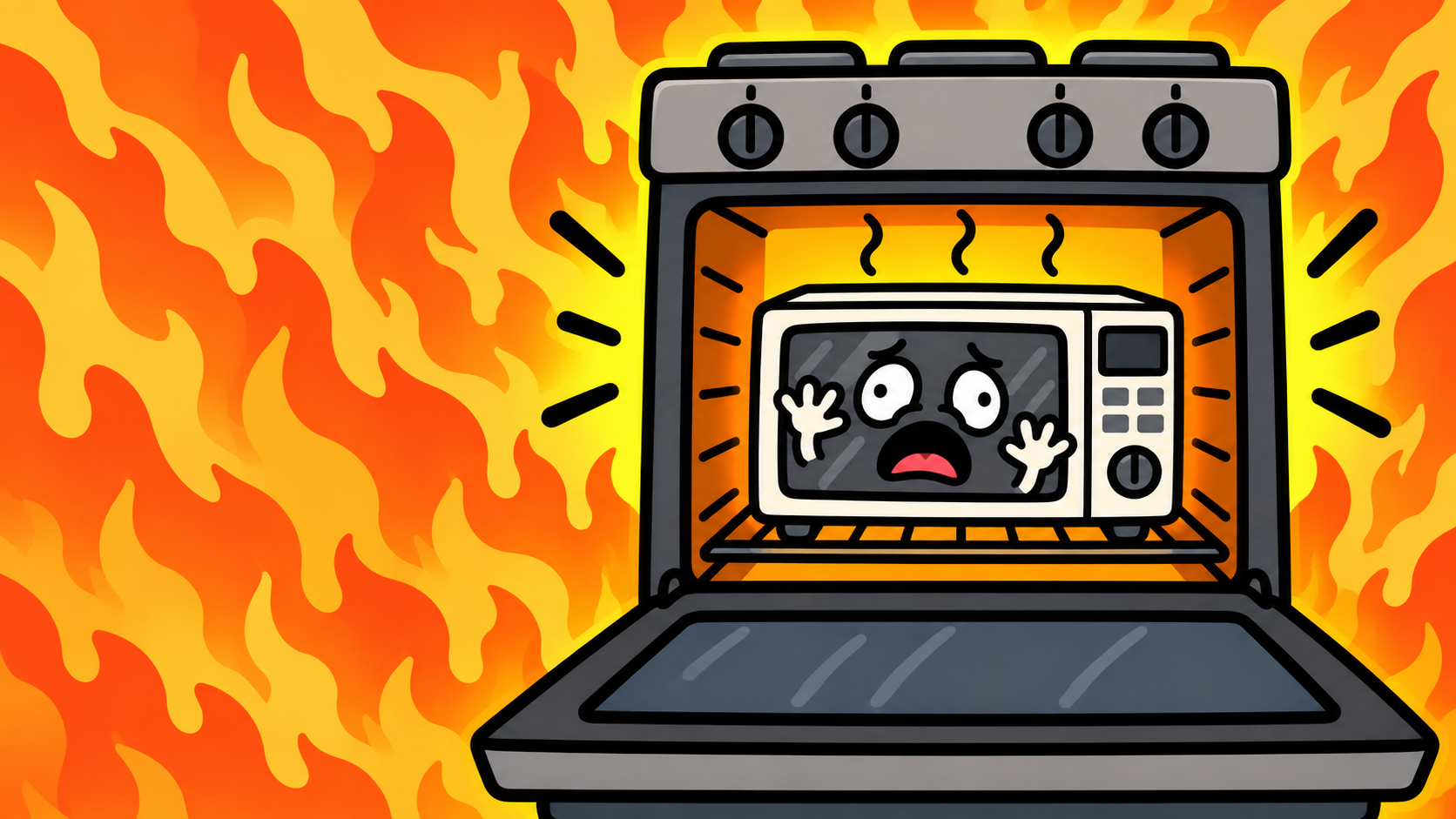 A terrified cartoon microwave inside a roaring oven surrounded by flames